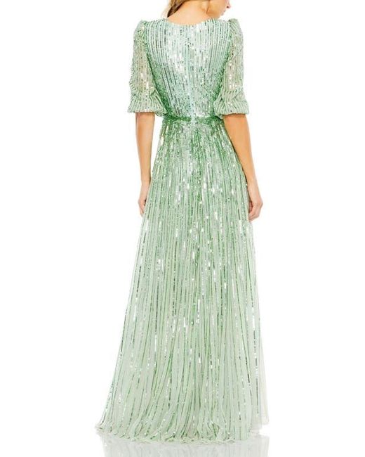 Mac Duggal Green Sequined Wrap Over 3/4 Sleeve Gown