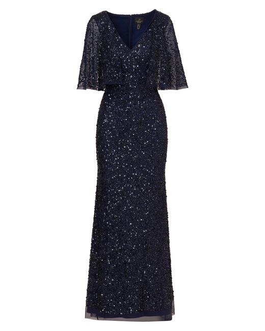 Adrianna Papell Blue Sequin Capelet Mermaid Gown