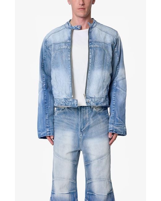 MNML Blue Paneled Moto Denim Jacket for men