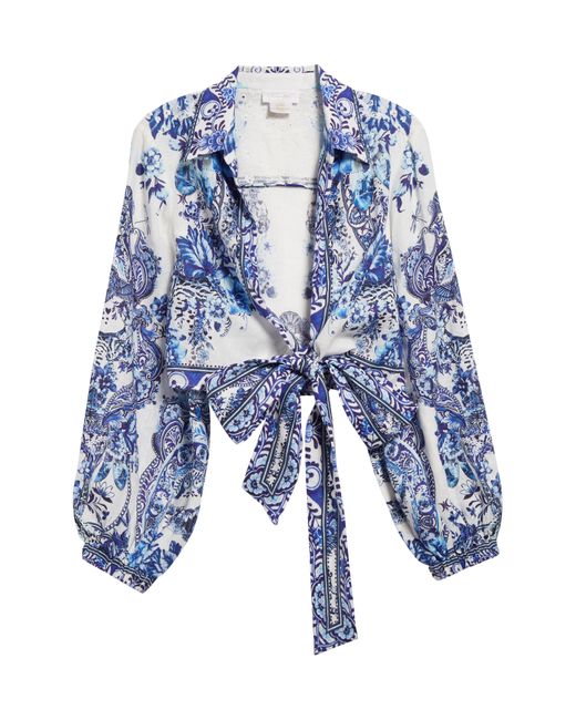 Camilla Blue Glaze & Graze Print Tie Front Silk Crepe Crop Shirt