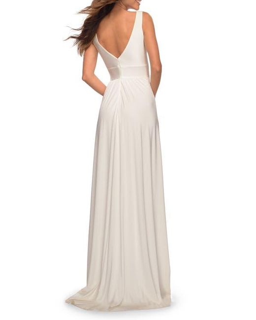 La Femme White Empire Waist Gown With Deep V Neckline