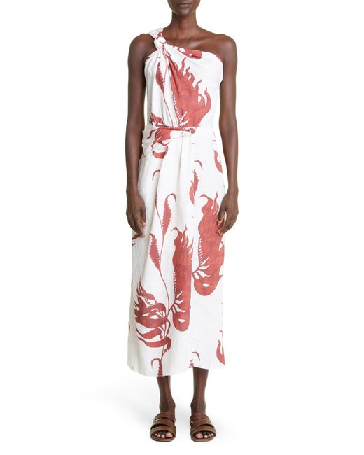 Johanna Ortiz Red Southern Pacific One-shoulder Organic Linen Midi Dress