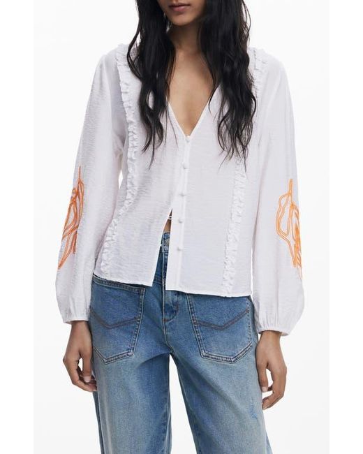 Desigual White Embroidered Hammered Satin Top