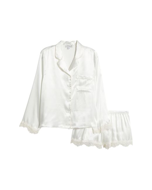 In Bloom White Felicity Lace Trim Long Sleeve Satin Shorts Pajamas