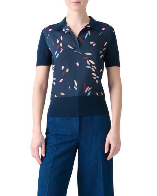 Akris Punto Blue Dropping Dots Mixed Media Polo