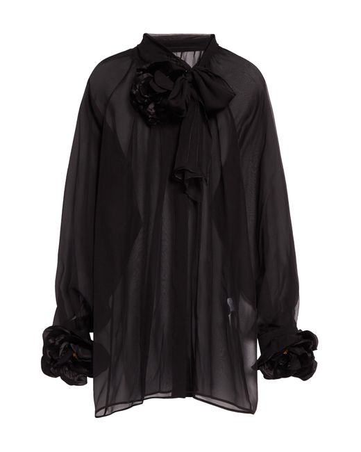 Dolce & Gabbana Black Floral Appliqué Tie Neck Sheer Silk Shirt