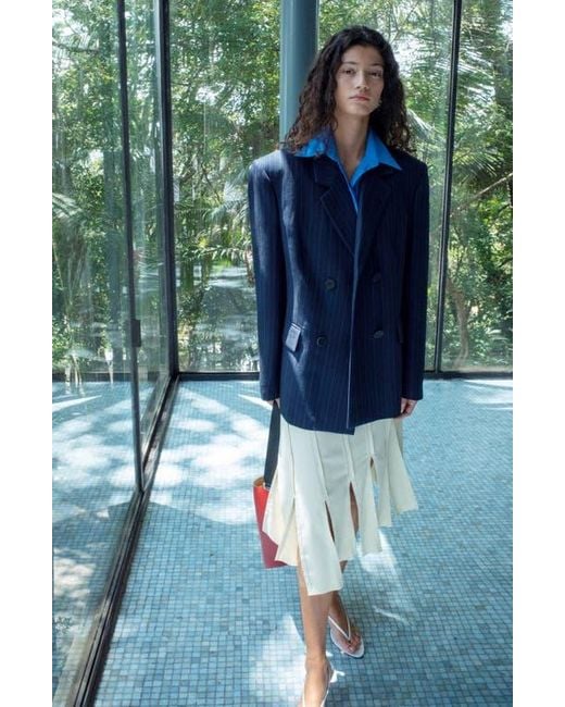 Mango Blue Belted Pinstripe Jacket