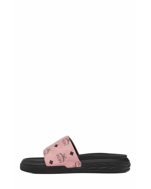 MCM White Visetos Slide Sandals