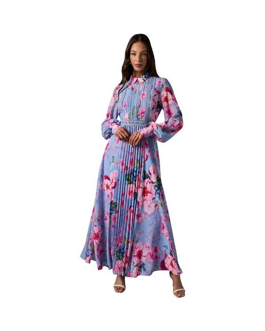Coast Purple Pleated Lace Trim Long Sleeve Midi Dress
