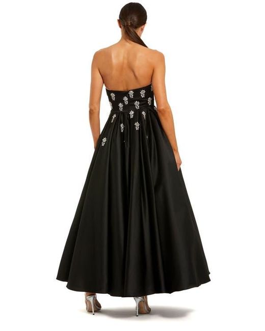 Mac Duggal Black Crystal Embellished Strapless Satin A-Line Dress