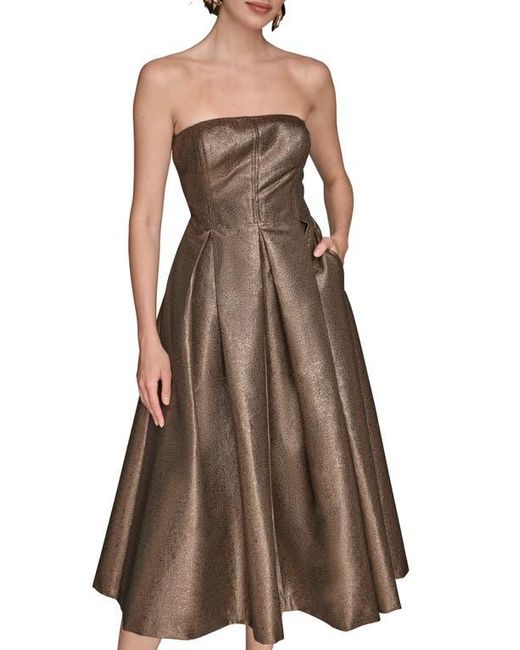 Donna Karan Brown Metallic Pleated Strapless Fit & Flare Cocktail Dress