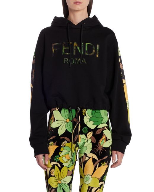 Fendi Black Floral Logo Crop Drawstring Hoodie