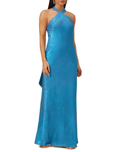 Adrianna Papell Blue Foil Sleeveless Chiffon Gown