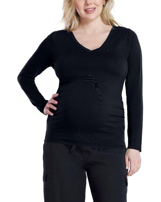 Motherhood Maternity Black V-Neck Side-Ruched Maternity Long Sleeve Tee