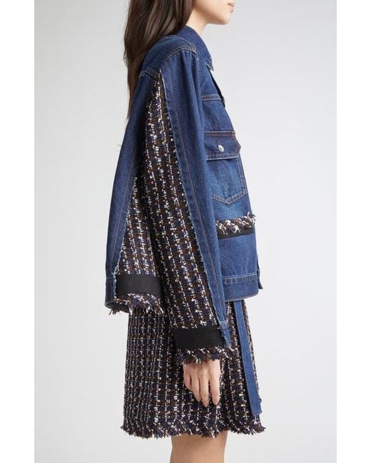 Sacai Mixed Media Denim & Tweed Trucker Jacket in Blue | Lyst