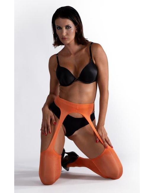 LECHERY Orange Lustrous Silky Shiny Sheer Suspender Crotchless Tights