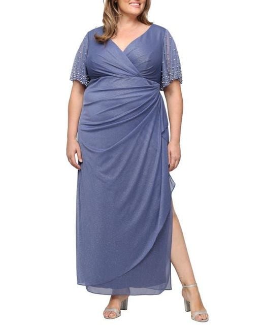 sachin and babi light blue dress Alex Evenings Boat Neck 3/4 Sleeves Back Zipper Shimmering Long Embroidered Sequin  Dress