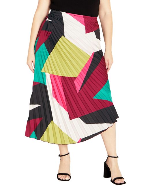 City Chic Multicolor Amaya Print Pleated Satin Maxi Skirt