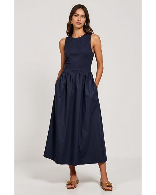 Modenaire Blue Sleeveless Crewneck Midi Dress With Gathered Waist And Pockets