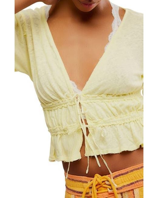 Free People Yellow Let's Go Tie Front Linen & Cotton Top