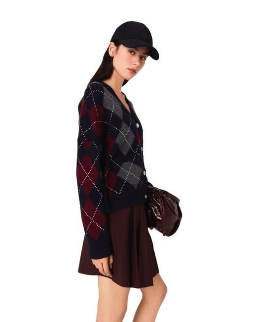 Maje Black Cropped Argyle Pattern Cardigan