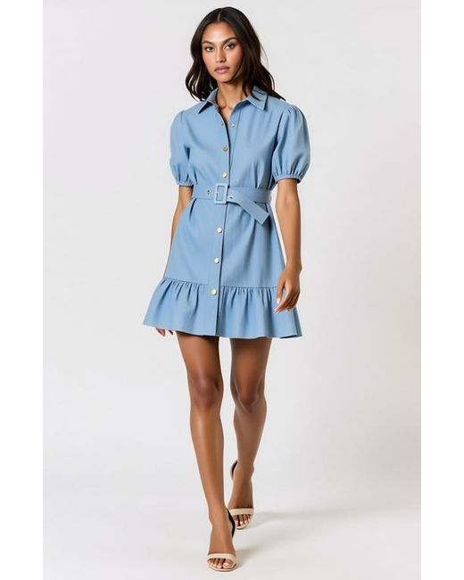 Modenaire Blue Short Sleeve Belted Button-Up Mini Dress With Puff Sleeves