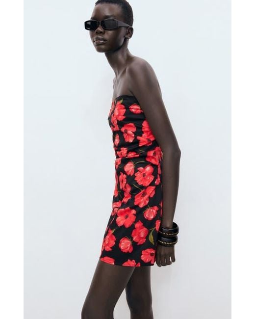 Mango Red Strapless Floral Minidress