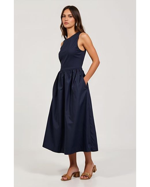 Modenaire Blue Sleeveless Crewneck Midi Dress With Gathered Waist And Pockets