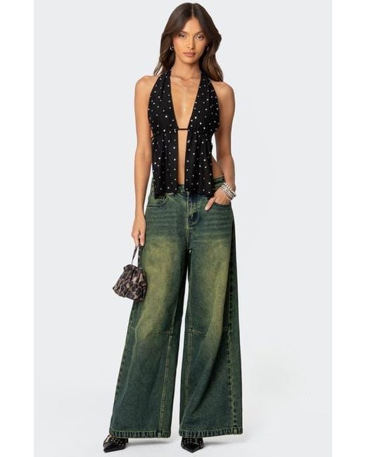 Edikted Black Studded Split Front Open Back Halter Top