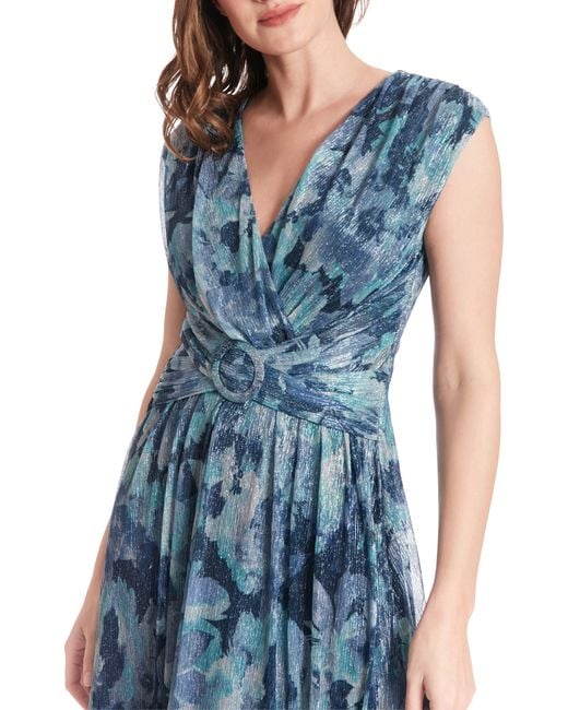 Maggy London Blue Metallic Floral Maxi Dress