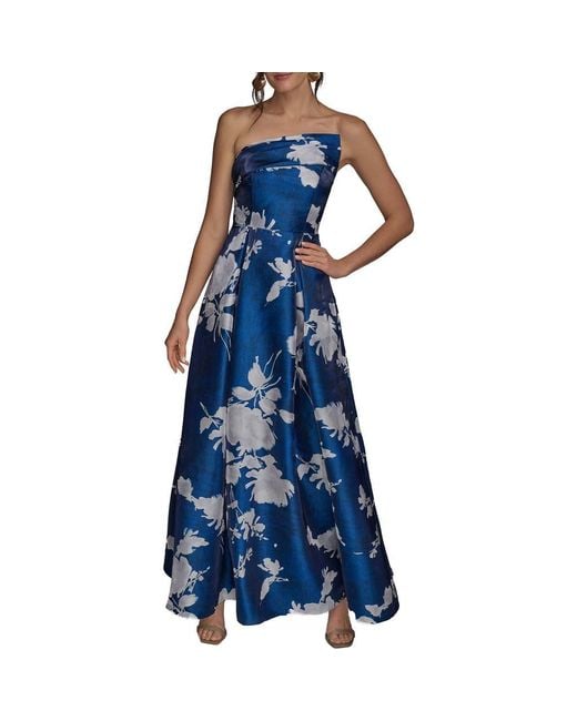 Donna Karan Blue Floral Print Strapless Gown