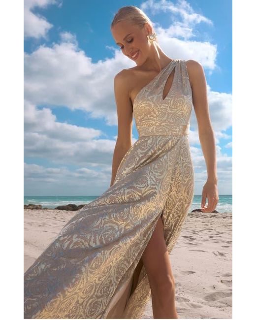Betsy & Adam One-Shoulder Foil Flower Gown in Natural | Lyst Betsy & Adam One-Shoulder Foil Flower Gown in Natural | Lyst