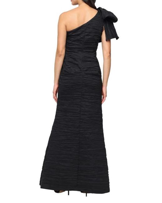 Alex Evenings Black Bow Detail One-Shoulder Ruched Satin Gown