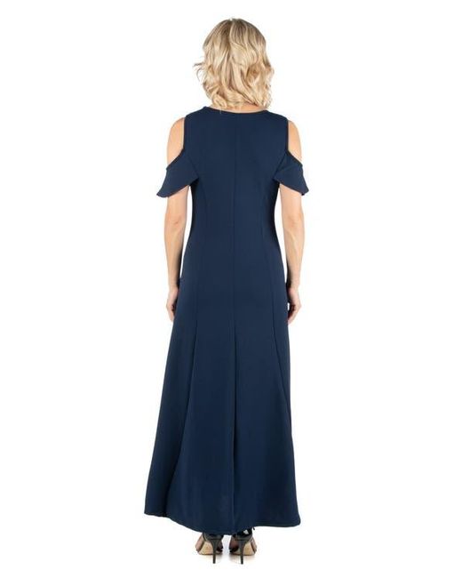 24seven Comfort Apparel Blue Maternity Ruffle Cold Shoulder A-Line Maxi Dress