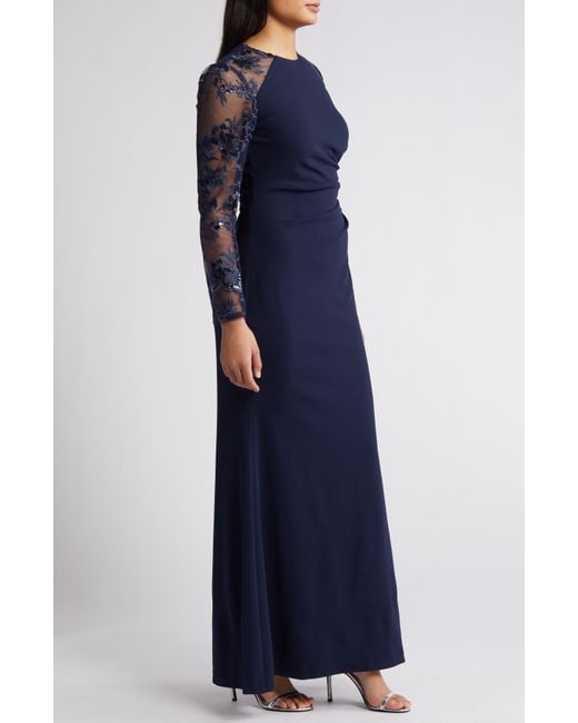 Eliza J Blue Sequin Embroidered Long Sleeve Gown