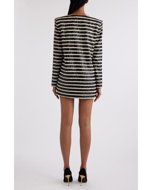 Balmain Black Stripe Sequin Long Sleeve Minidress