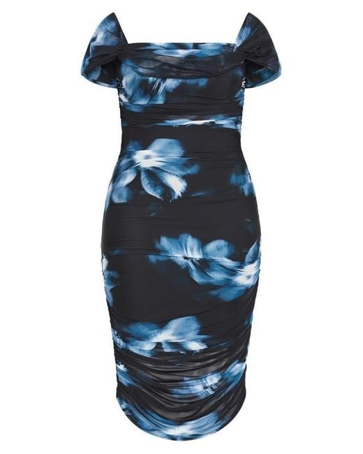 City Chic Blue Floral Print Off The Shoulder Dress