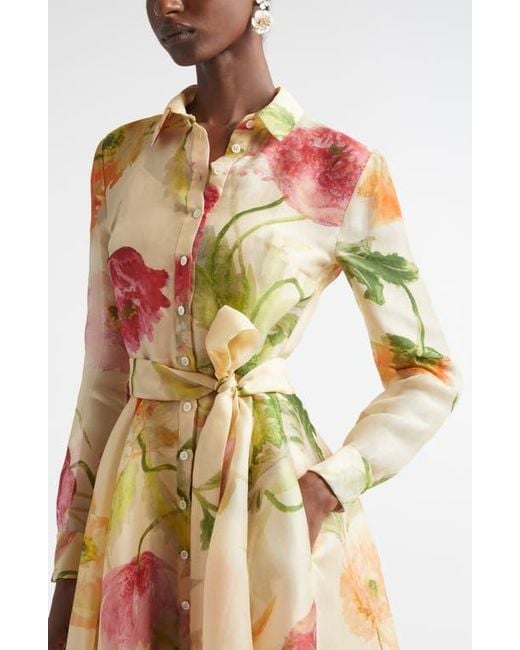 Carolina Herrera Poppy Print Belted Long Sleeve Silk Organza Shirtdress in  White