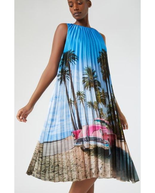 Marina Rinaldi Blue Madera Print Pleated Sleeveless Midi Dress