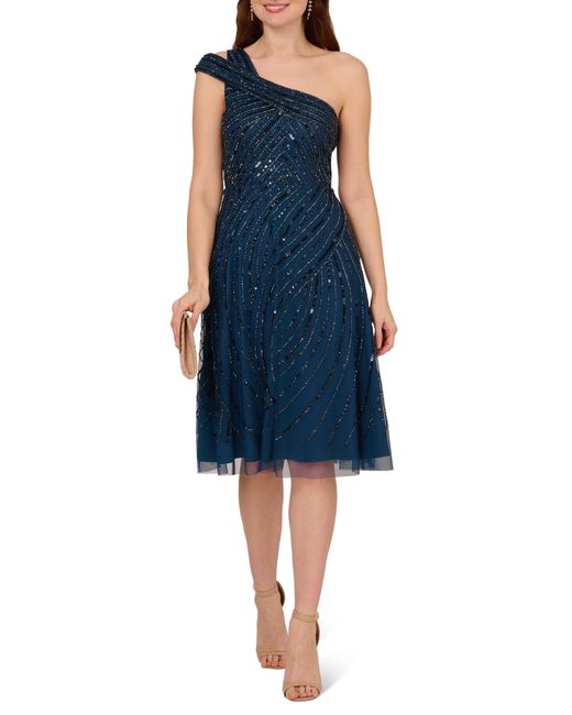 Adrianna Papell Blue Beaded One-shoulder Dress