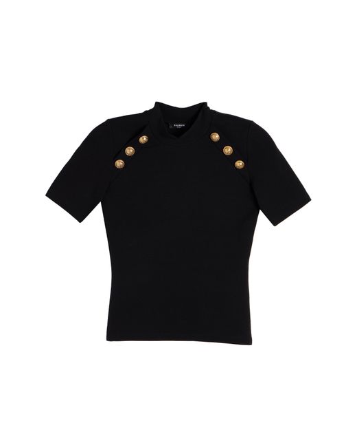 Balmain Black Button Detail Mock Neck T-shirt