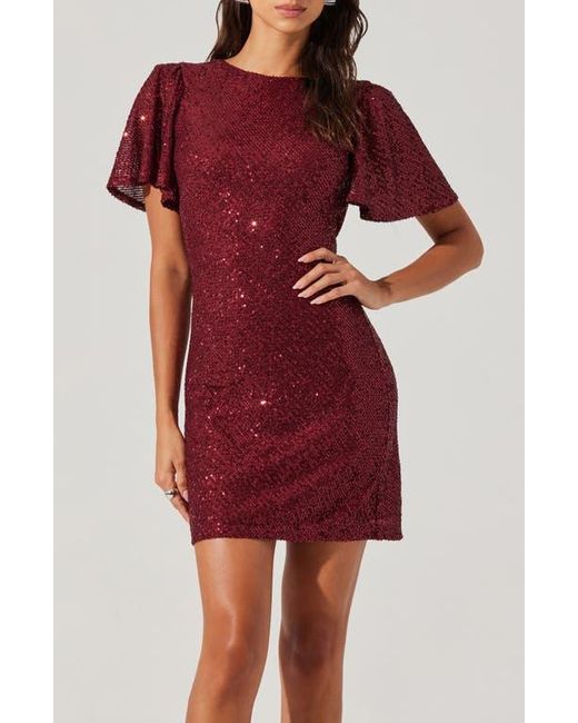 Astr Red Sequin Flutter Sleeve Minidress