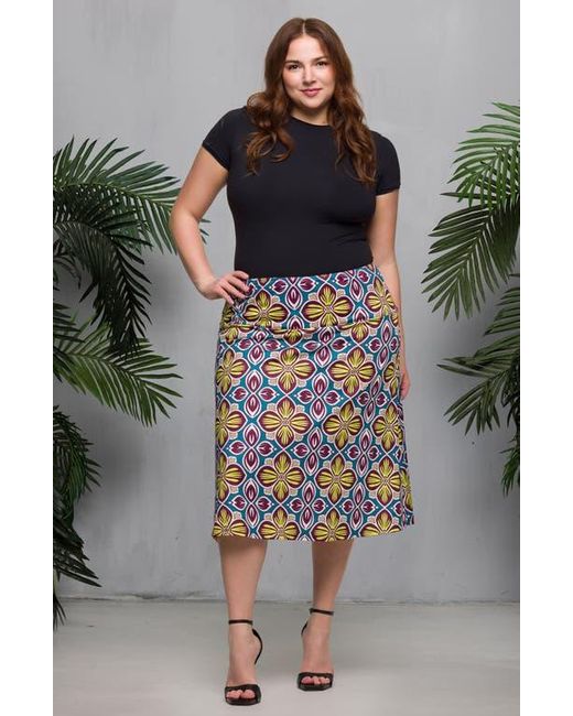 24seven Comfort Apparel Blue Geo Print Elastic Waist Midi Skirt