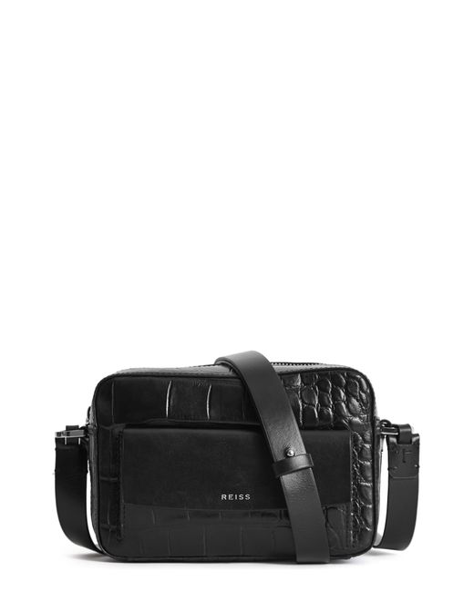 Reiss Black Archie Croc Embossed Leather Crossbody Bag