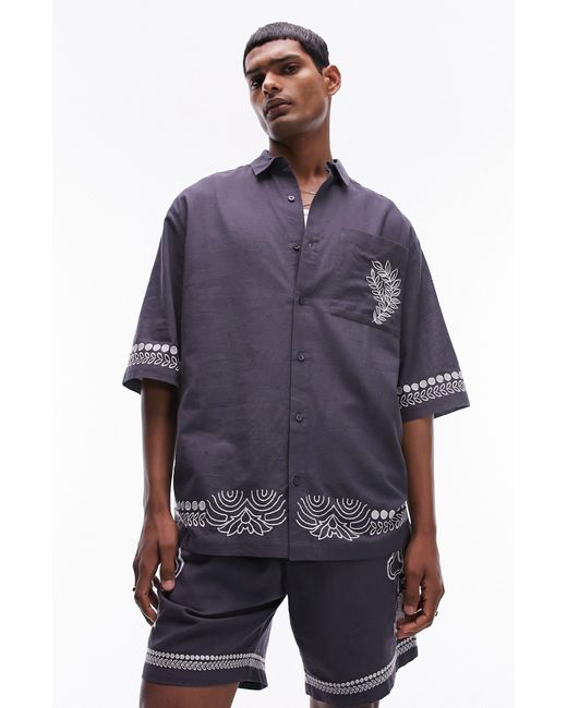 Topman Blue Embroidered Cotton & Linen Button-up Shirt for men
