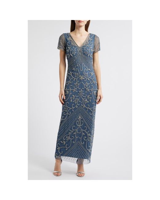 Pisarro Nights Blue Beaded Mesh Column Gown