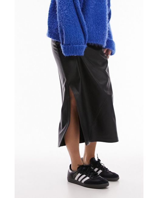 TOPSHOP Black Faux Leather Midi Skirt