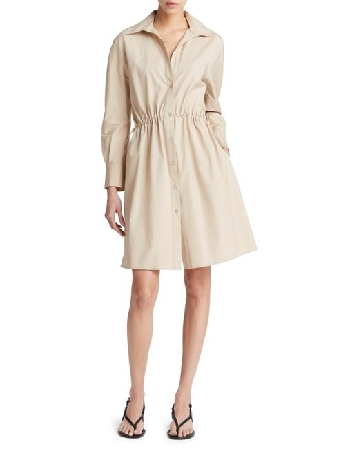 Vince Natural Drawcord Ruched Long Sleeve Cotton Shirtdress