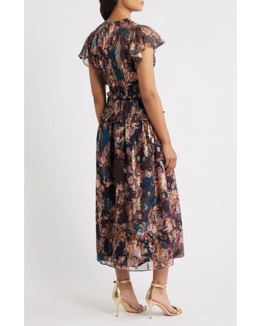 Eliza J Women's Metallic Floral Flutter Sleeve Midi Dress
