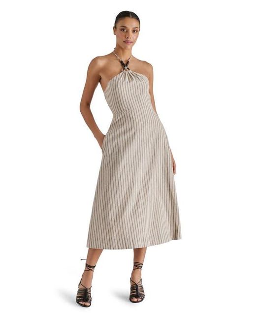 Steve Madden Natural Mary Beth Ticking Stripe Linen & Cotton Halter Midi Dress